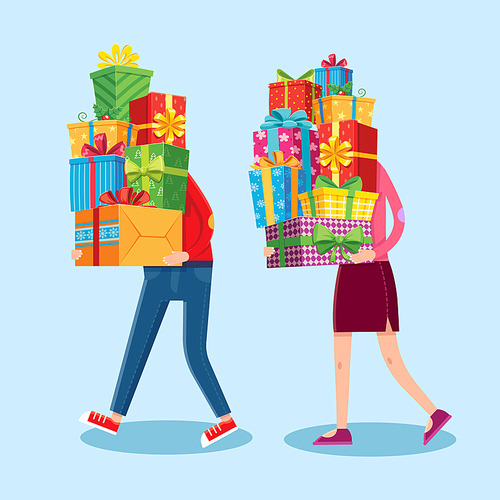 Carry gifts stack. Carrying christmas stacked presents in man and woman funny character hands. Heavy carry wrapping gift pile, Xmas giving present greeting card vector cartoon illustration