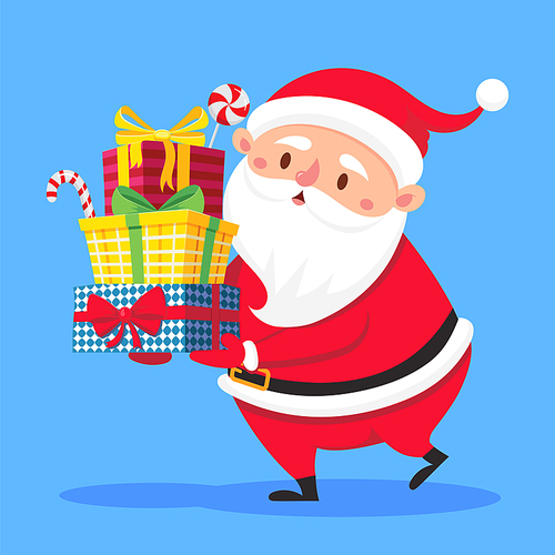 Santa Claus carry gifts stack. Christmas gift box carrying in hands. Heavy stacked winter holidays presents giving, xmas noel greeting card flat vector cartoon illustration