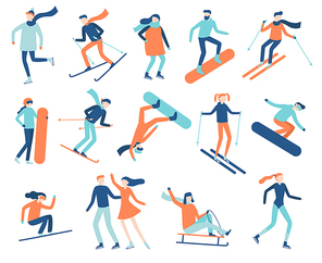 Winter sport people. Sportsman on snowboard, skis or ice skates. Snowboarding, skiing and skating sports. Snowboarder jump, healthy family holiday vacation isolated flat vector isolated icon set