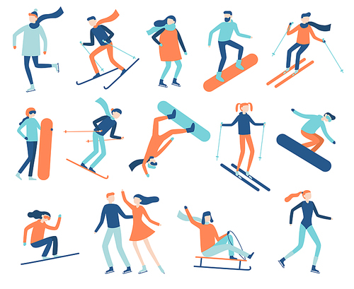 Winter sport people. Sportsman on snowboard, skis or ice skates. Snowboarding, skiing and skating sports. Snowboarder jump, healthy family holiday vacation isolated flat vector isolated icon set