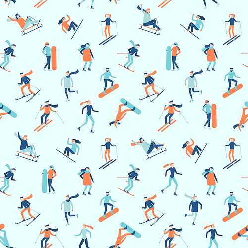 Snowboarding and skiing seamless pattern. Winter sport activities, young people on ski or snowboard, extreme fitness snowboarding. Snowboarder skier sportsman jump on mountain top vector background