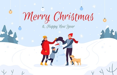 Family making snowman holiday card. Merry Christmas and Happy New Year, 2020 winter holidays. People character with pet make Xmas snowman, outdoor teamwork postcard vector illustration