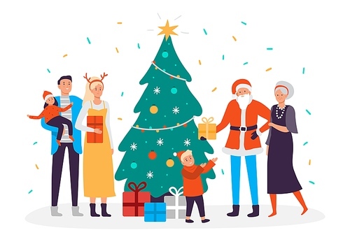 Happy family decorates Christmas tree. Holiday decorations and xmas garlands, people decorating 2020 New Year tree. Family characters greeting celebration card isolated vector illustration