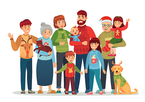 Christmas family portrait. Happy xmas holiday people, big family in ugly sweaters. Holiday greeting card, character together for new year gift poster isolated cartoon vector illustration
