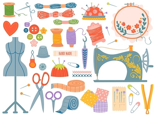 Needlework tools. Various sewing tool and supplies, sewing machine. Buttons, spools and threads, needles, scissors. Dressmaking vector set. Yarn, dummy and thimble for hobby or work