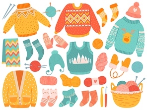 Winter knit clothes. Handmade wool clothing and knitting tools, sweaters, socks, hats and mitten, scarf, needles and yarn vector set. Fashion wool accessories, supplies as crochet hook