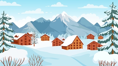 Winter mountain with cottages. Houses in snowy alpine peak for wintertime holidays vacation. Cartoon landscape of ski resort vector. Mountain cottage in snow alpine, winter holiday illustration
