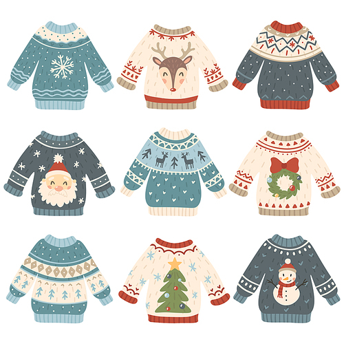 Ugly christmas sweaters. Cartoon cute wool jumper. Knitted tacky winter holidays sweater pullover with funny snowman, Santa and Xmas tree, deer and snowflake december clothes vector isolated icon set