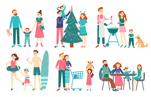Flat family people. Father, mother and kids characters together celebrate christmas, dinner barbecue or person tripping and rest on beach. Couple with children on shopping vector isolated icon set
