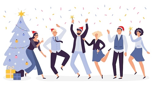 Office christmas celebration. Happy business team workers corporate party, celebrate New Year in xmas hats. 2020 winter holiday businessman and businesswoman office celebrating vector illustration