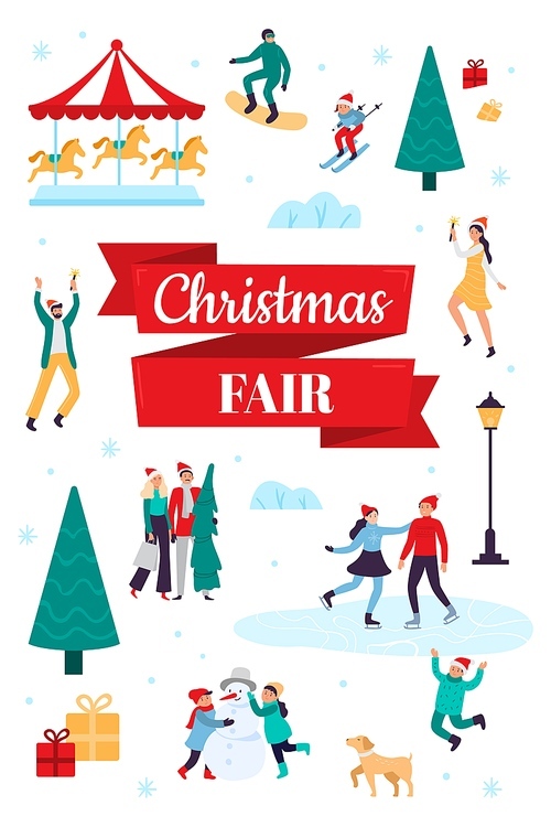 Christmas fair. Winter holiday poster, snow festival and xmas celebration. 2020 outdoor fair flyer or announcement banner, New Year market event invitation card vector illustration