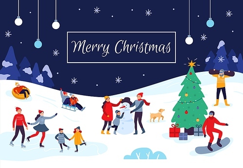 Winter people Merry Christmas card. Snow activities, happy kids make snowman and xmas holiday postcard. Celebration 2020 New Year poster, skating humans activity event poster vector illustration