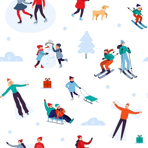 winter holiday activities seamless . happy people walking outdoor, december holidays and winters snow fun. xmas outdoors activity game, winter sport gift wrapping vector illustration
