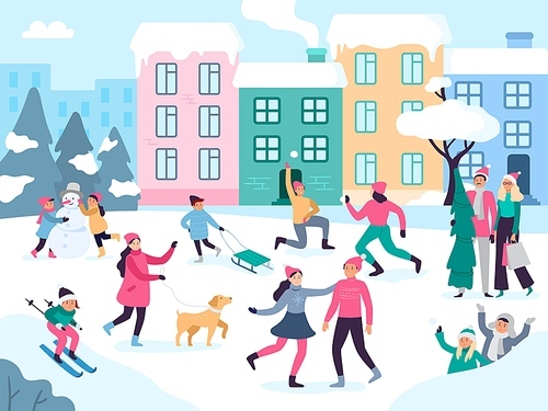 Winter city activities. Snow outdoors people walking, family holidays fun and urban events. Christmas holyday city skiing, new year skating crowd character vector illustration