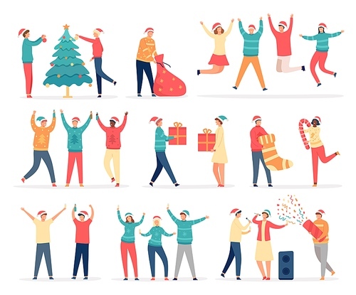 People celebrate merry christmas. Friends and family at new year party dance, sing, drink, decorate tree, hold gifts and confetti vector set. Bag with presents, singing karaoke and having fun