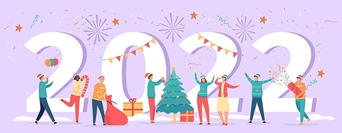 Happy new year 2022. Poster with numbers and party people celebrating eve, tree, gifts and drinks. Winter holiday resolution vector banner with fireworks. Man and woman having fun with confetti