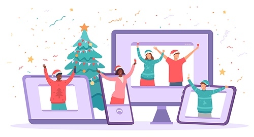 Virtual christmas party. Happy people safely celebrate new year. Friends video chat gathering, quarantine holiday celebration vector concept. Gadgets as computer, laptop, tablet for communication