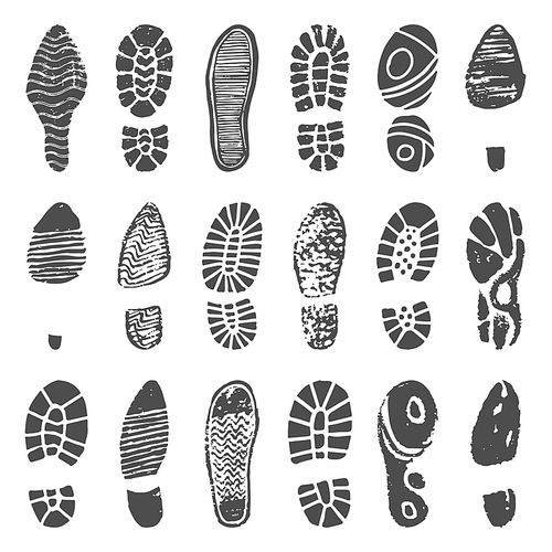 Shoes foot silhouette. Sneaker shoes step, walking boot shoe steps im and man feet boots. Foots step, leg footstep  isolated vector illustration icons set