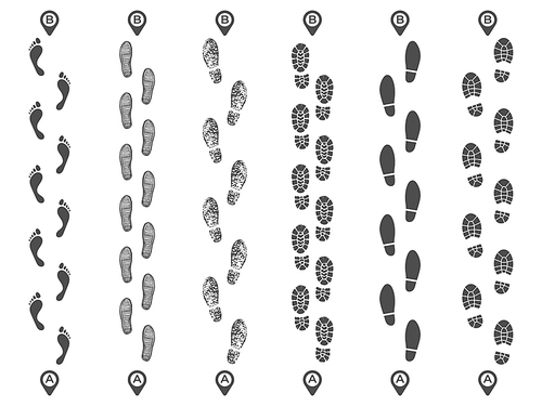 Footsteps track routes. Footprint trail, footstep imprint way route and walking foot steps map pins. Walk footprints, feet cross track isolated vector illustration set