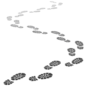 Walking away footsteps. Outgoing footprint silhouette, footstep prints and shoe steps going in perspective. Running shoe tread footprints vector illustration