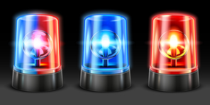 Realistic ambulance flashing. Police light flasher, safety lights and warning siren flashing lamps. Emergency light, accident flasher or rescue alarm 3D vector isolated objects set