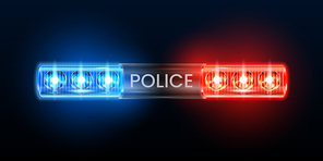 Police siren lights. Beacon flasher, policeman car flashing light and red blue safety sirens. Cop car lighting bar, justice night glowing siren alarm. 3d realistic vector illustration