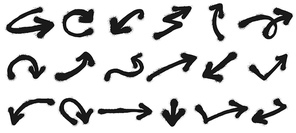 Spray painted arrows. Graffiti pointing arrow, dirty grunge paint. Sprayed painted cursor signs, graffity arrows art. Isolated vector illustration symbols set
