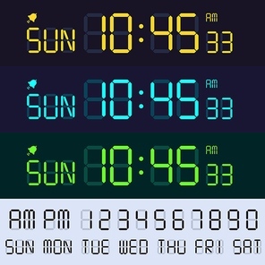 Alarm clock lcd display font. Electronic clocks numbers, digital screen hours and minutes. Retro display text vector set. Glowing time interface with digits