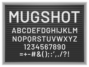 Mugshot letter board. Black frame with white plastic changeable letters and numbers for messages, vector mockup for banner or menu signs. Alphabet, numbers and punctuation marks illustration