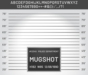 Mugshot template. Police lineup mugshot board with plastic alphabet and signs for criminals photo vector illustration. Criminal height wall, suspect and danger