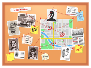 Detective board. Cops crime investigation plan, board with pinned photos, newspapers and notes, map structural analysis vector illustration. Plan detective investigation board