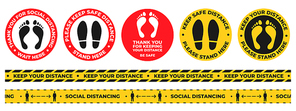 Social distance floor stickers. Round wait here warning signs with foot and shoe prints. Keep safe distancing tape. Covid signage vector set. Protection from Coronavirus illness epidemic