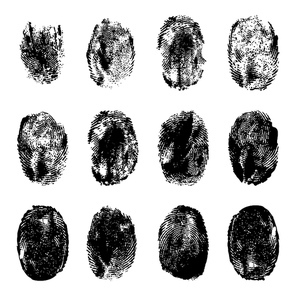 Finger prints. Human realistic black ink fingerprints. Grunge hand mark texture. Identification individual imprint thumb lines vector set. Unique mark with curves and swirls. Personal imprint