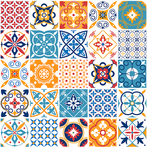 Portugal seamless pattern. Vintage mediterranean ceramic tile texture retro symmetrical shapes azulejo pattern tiling. Geometric tiles patterns and wall print abstract design textures vector set