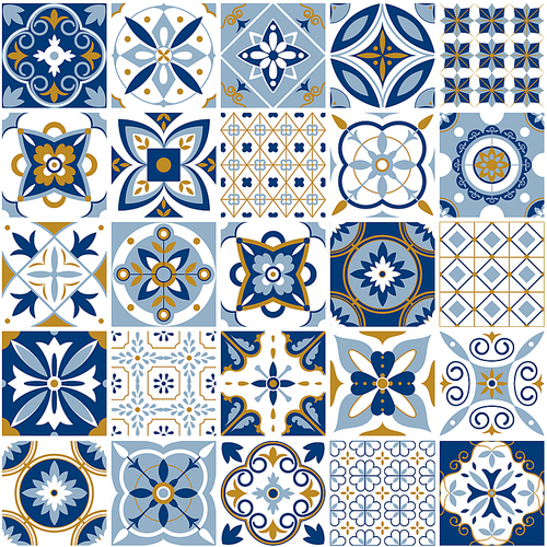 Moroccan pattern. Decor tile texture print mosaic oriental pattern with blue ornament arabesque. Traditional arabic and indian pottery tiling seamless patterns fabric wall interior cloth vector set