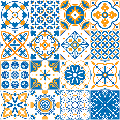 Mediterranean pattern. Decorative lisboa seamless patterns arabesque. Ornamental elements azulejo for portugal decor mosaic tiles turkish texture interior floor, spanish kitchen background vector set