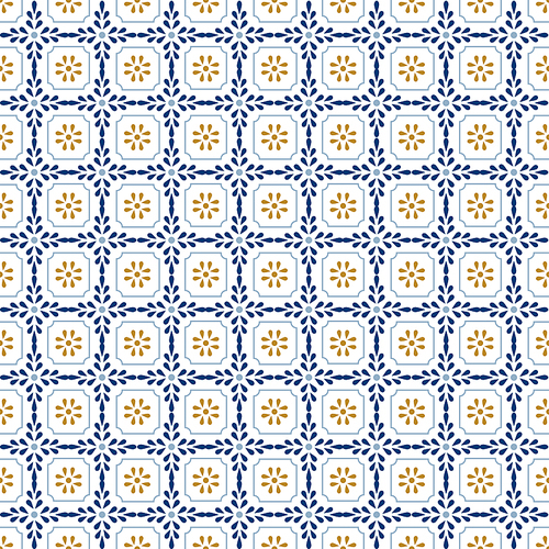 Mediterranean decor pattern. Lisbon tile ornament, decorative floor tiles mosaic. Blue and gold flowers tiling oriental luxury old fabric seamless pattern vector illustration