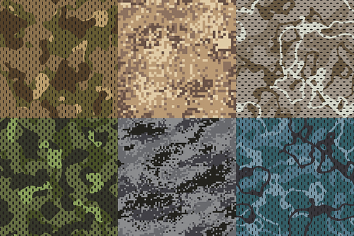 Camouflage khaki texture. Army fabric seamless forest and sand camo netting pattern. Soldier khaki military camouflage uniform . Camouflaged textile patterns vector textures set