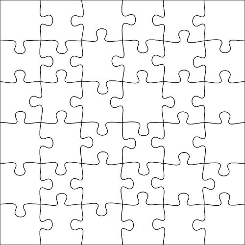 Jigsaws puzzles. Square puzzle 6x6 grid, jigsaw game and join 36 picture pieces. Classic puzzles game element or mosaic part connection vector illustration