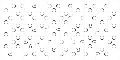 Puzzles pieces. 10x5 jigsaws grid, puzzle shape and join 50 piece game. onundrum scheme or team work success metaphor. Graphic vector illustration template