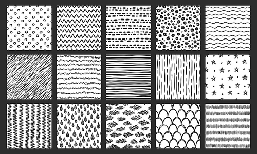 Hand drawn seamless textures. Sketch pattern, scribble doodle texture and curved lines. Geometric paper poster, abstract ink pen doodles texture. Vector patterns isolated signs set