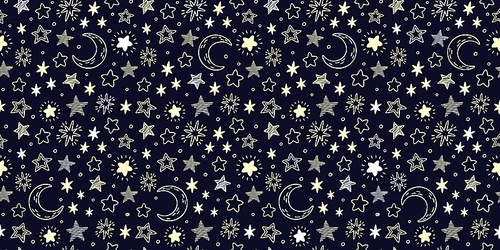 Star pattern. Starry sky, crescent moon and bright yellow stars seamless. Space atlas textile fabric, star wallpaper or astrology wrapping vector illustration backdrop