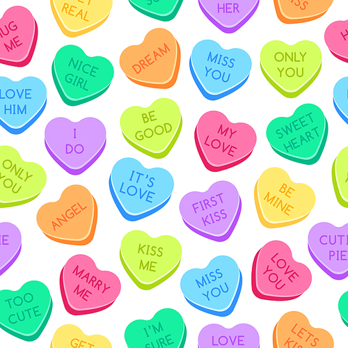 Sweet heart candies pattern. Colorful valentines hearts, love conversation candies and sweetheart candy.