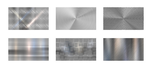 Brushed metal. Steel metallic texture, polished chrome and silver metals shine realistic backdrop. Stainless metal, nickel or aluminium chrome panels. Isolated vector background set