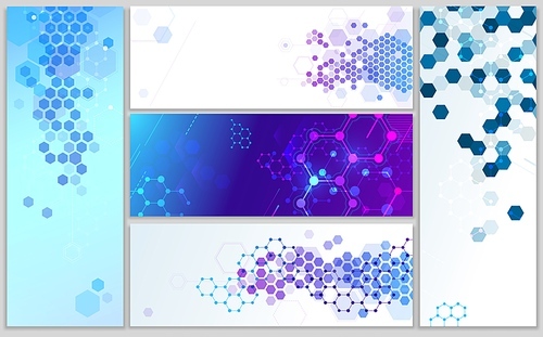 Molecular structure banners. Abstract hexagonal grid, chemistry structures and dna model science. Biology medicine poster, biological data or biotechnology vector banner illustration set