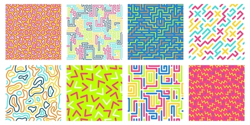 Color seamless geometric pattern. Colorful maze pattern, memphis style texture and 80s fashion design patterns. Pop 90s abstract colorful retro posters. Isolated vector icons set
