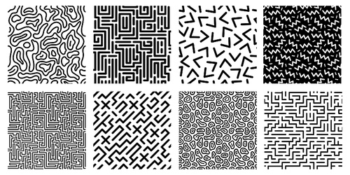 Seamless geometric pattern. Striped labyrinth, 80s style texture and abstract digital maze patterns. Ink geometrical doodle, trendy memphis fabric. Isolated vector icons set