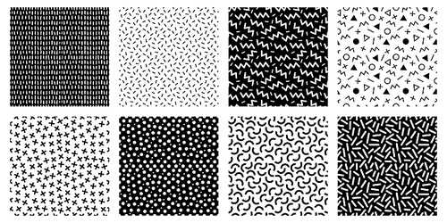 Memphis seamless patterns. Geometric lines and dots texture, black and white 80s textures and funky pattern. Abstract 90s pattern, memphis repeat posters or fabric. Isolated vector icons set