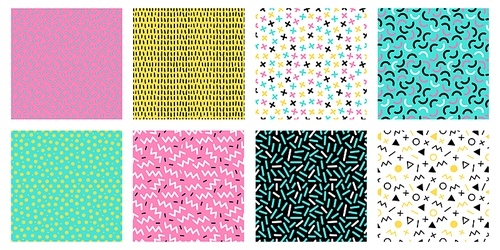 Colorful memphis seamless patterns. Fashion 80s mosaic texture, color retro textures and geometric lines and dots pattern. 90s hipster memphis wallpaper. Isolated vector icons set