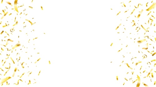 Falling shiny golden confetti background on white background. Premium luxury design sparkles and tinsel for party decoration. Gold paper pieces flying on both sides vector illustration